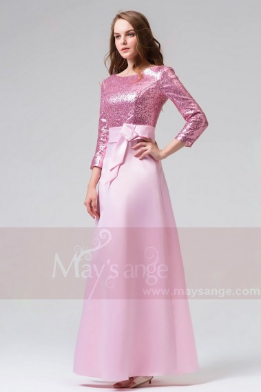 robes long rose bicolorié avec manches longues et ceinture - L823 #1