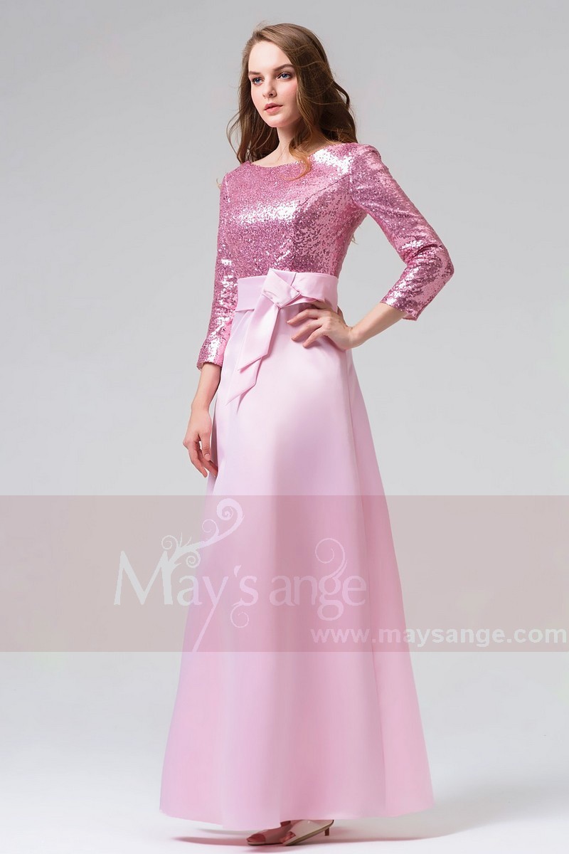 robes long rose bicolorié avec manches longues et ceinture - Ref L823 - 01