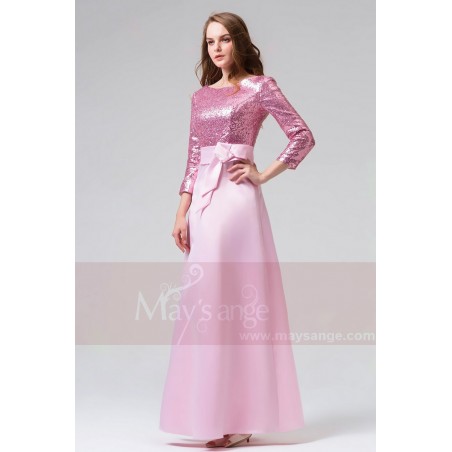 robes long rose bicolorié avec manches longues et ceinture