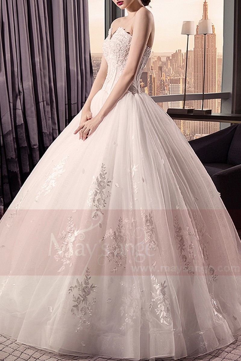 Floor-Length Strapless Princess Bridal Dress Beaded Bodice - Ref M398 - 01