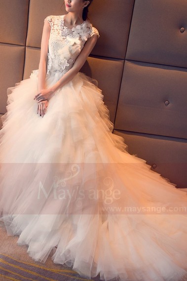 Cap Sleeve Tulle White Wedding Dress With Cascading Ruffle Skirt - M407 #1