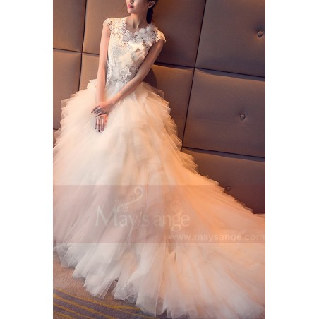 Cap Sleeve Tulle White Wedding Dress With Cascading Ruffle Skirt
