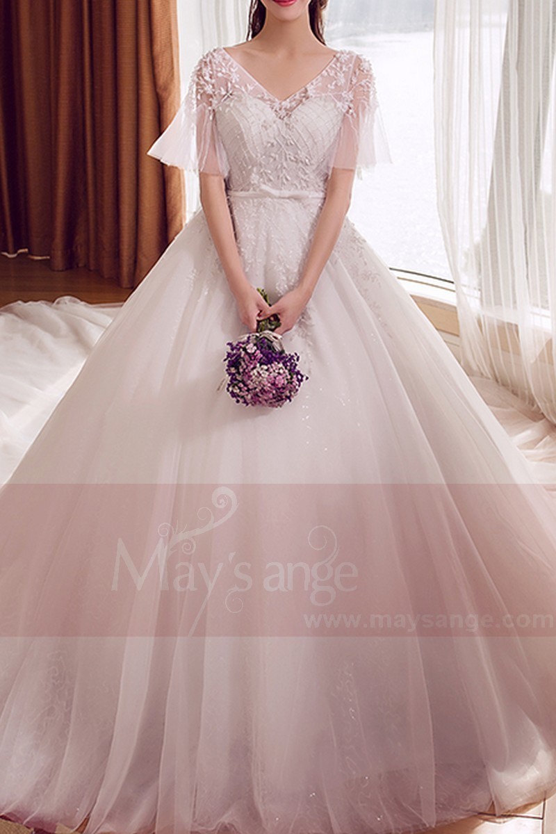 Open-Back White Wedding Dress V-Neck  With Short Sleeve - Ref M405 - 01