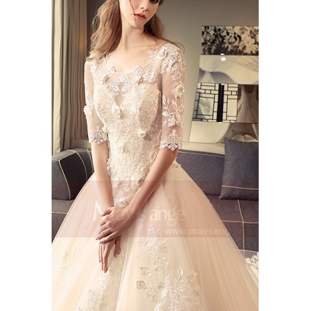 Champagne Pale Wedding Dress Illusion Lace And 3D Embroidery