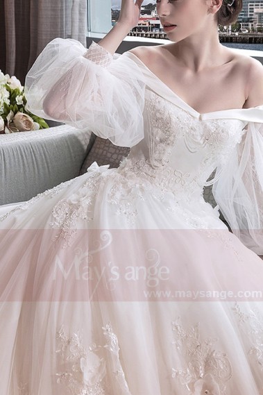 Off-The-Shoulder Custom Made Vintage Wedding Dress With Bishop Sleeve - M396 #1