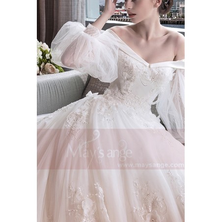 Off-The-Shoulder Custom Made Vintage Wedding Dress With Bishop Sleeve