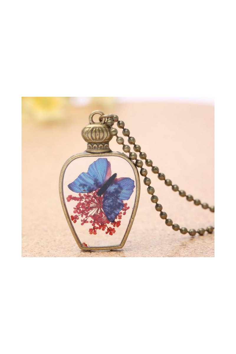 Collier de perles vintage papillon bleu - Ref F057 - 01
