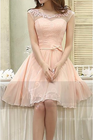 Illusion Bodice Short Pink Bridesmaid Dress - C813 #1