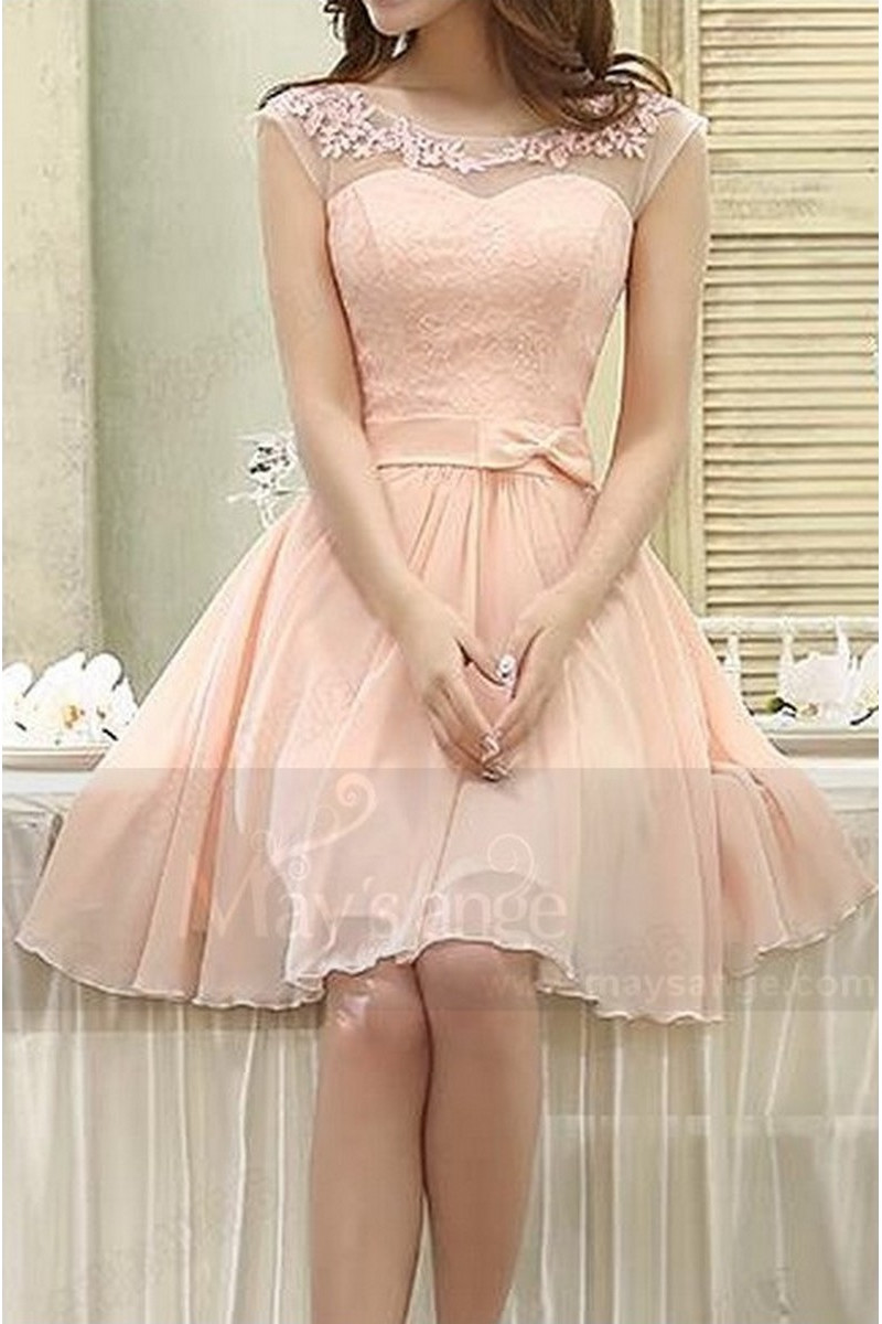 Illusion Bodice Short Pink Bridesmaid Dress - Ref C813 - 01