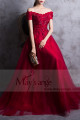 Red prom dress off the shoulder style with floral V neckline and beaded ornaments - Ref L835 - 04