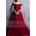 Red prom dress off the shoulder style with floral V neckline and beaded ornaments - Ref L835 - 02