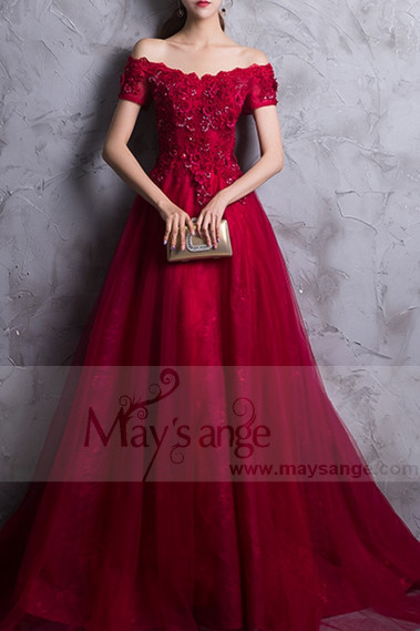 Red prom dress off the shoulder style with floral V neckline and beaded ornaments - L835 #1