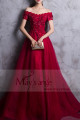 Red prom dress off the shoulder style with floral V neckline and beaded ornaments - Ref L835 - 02