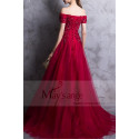 Red prom dress off the shoulder style with floral V neckline and beaded ornaments - Ref L835 - 03