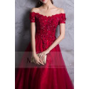 Red prom dress off the shoulder style with floral V neckline and beaded ornaments - Ref L835 - 05