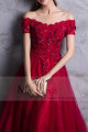 Red prom dress off the shoulder style with floral V neckline and beaded ornaments - Ref L835 - 05