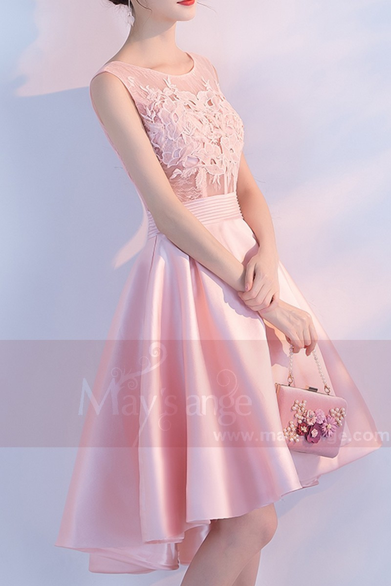High-Low Satin Pink Bridesmaid Dress With Illusion Bodice - Ref C871 - 01