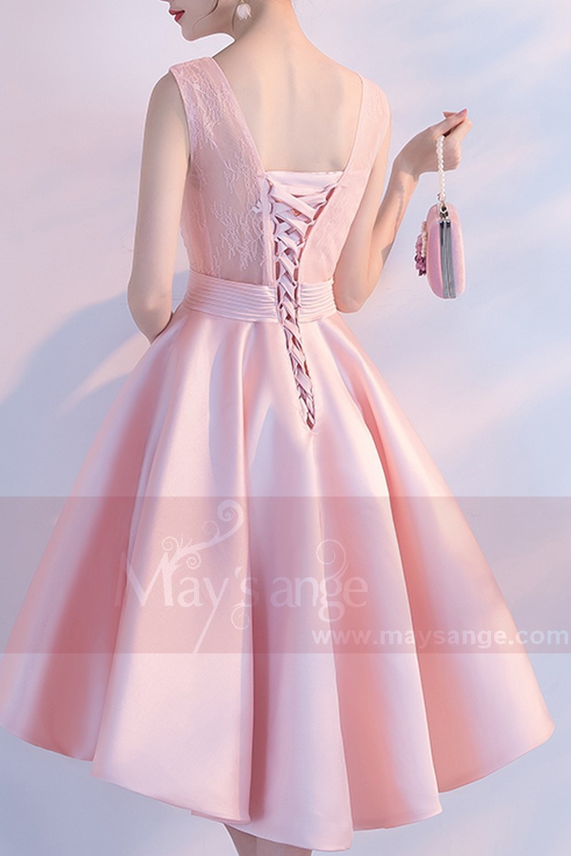 High Low Satin Birdesmaid Dress with V Neck Blushing Pink