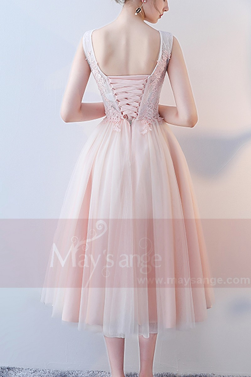 Tea-Length Tulle Pink Prom Dress With Lace Bodice - Ref C872 - 01