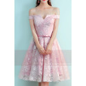 Off-The-Shoulder Lace Pink Bridesmaid Dress With Belt - Ref C873 - 02