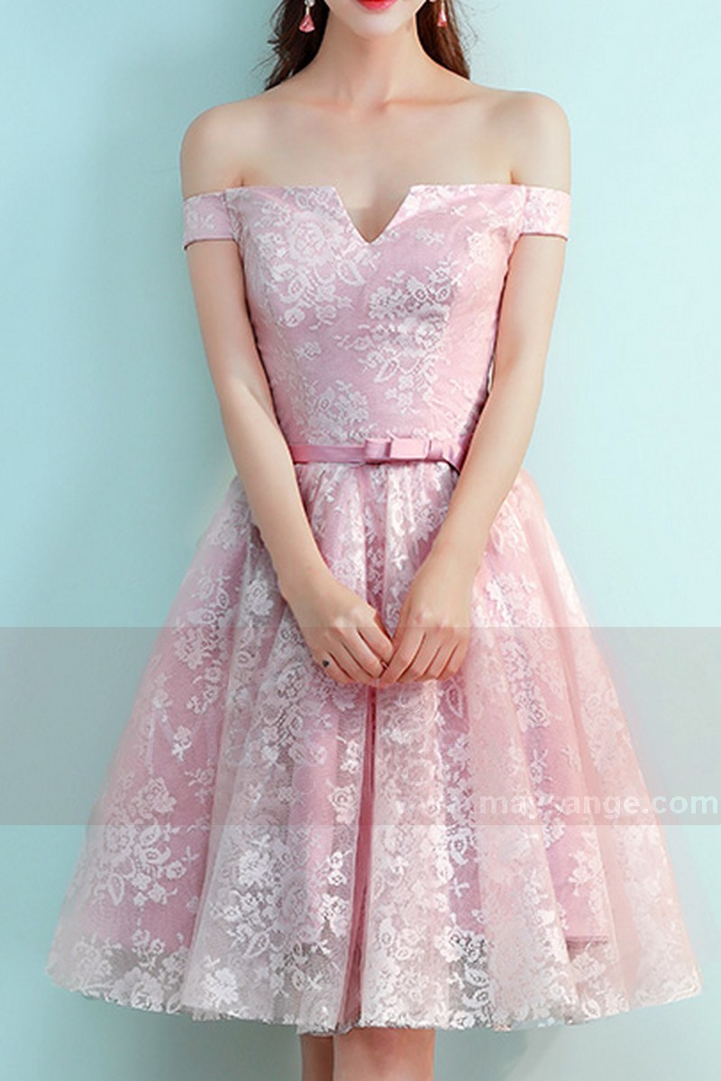 Off-The-Shoulder Lace Pink Bridesmaid Dress With Belt - Ref C873 - 01