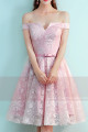 Off-The-Shoulder Lace Pink Bridesmaid Dress With Belt - Ref C873 - 02