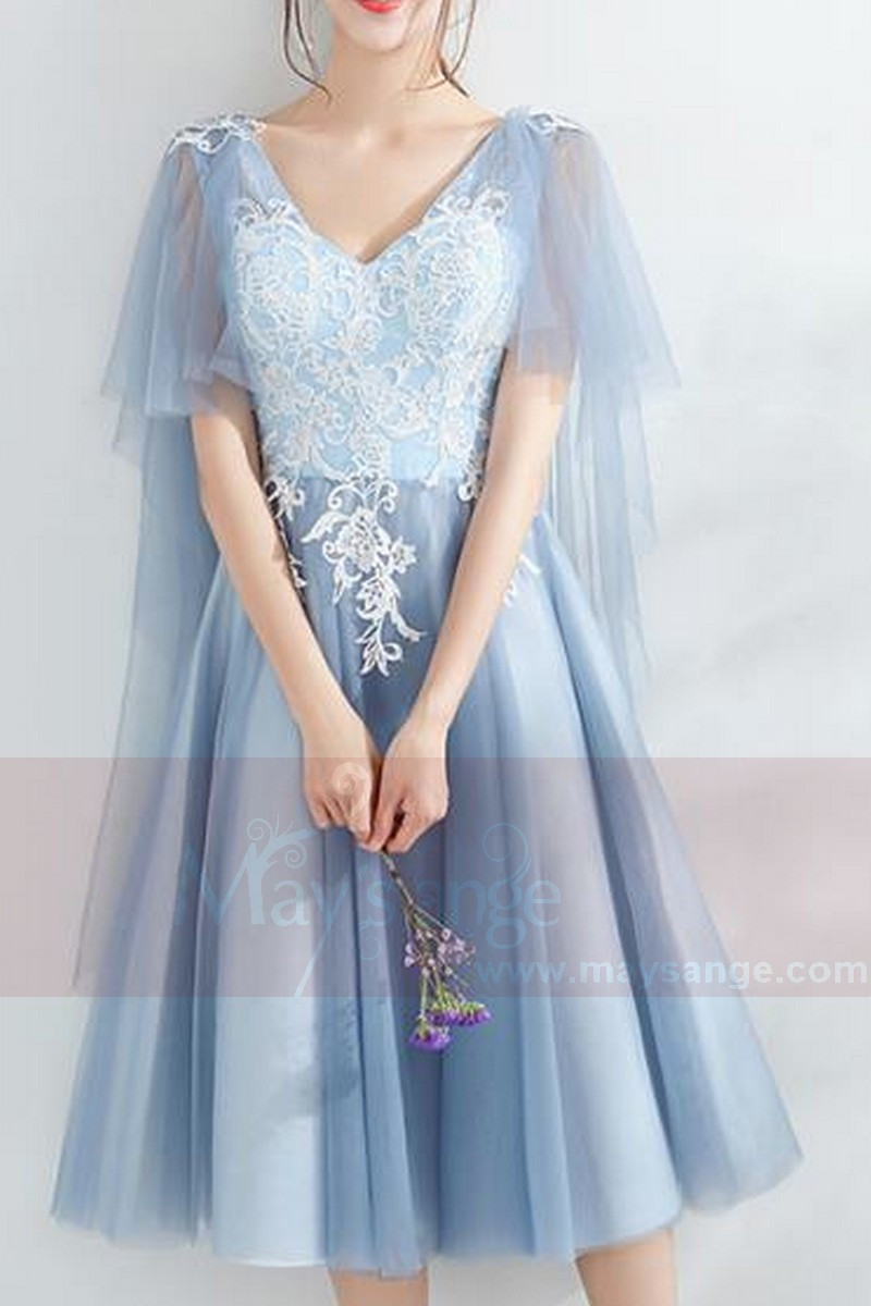 robe cocktail bleu dentelle pour ceremonie de mariage - Ref C874 - 01