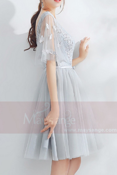 Short Tulle Silver Gray Wedding-Guest Dress With Lace Top - C875 #1