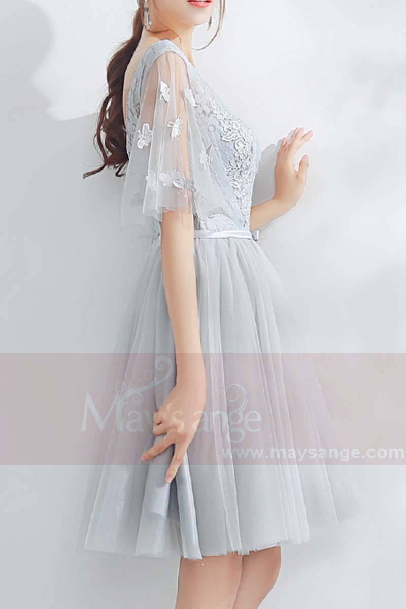 robe courte de bal argente gris en dentelle avec manche legere - Ref C875 - 01 robe courte de bal argente gris en dentelle avec manche legere - Ref C875 - 01
