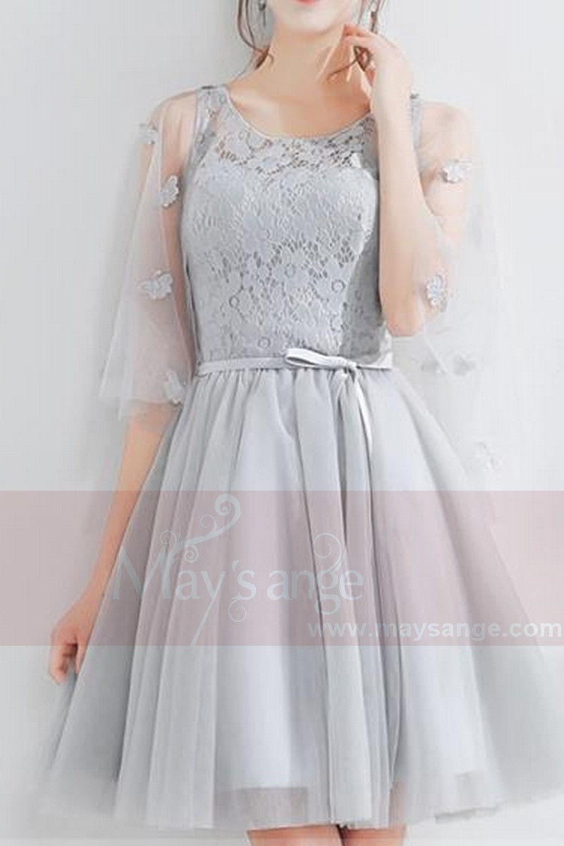 Short Tulle Silver Gray Wedding-Guest Dress With Lace Top