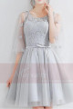 Short Tulle Silver Gray Wedding-Guest Dress With Lace Top - Ref C875 - 03