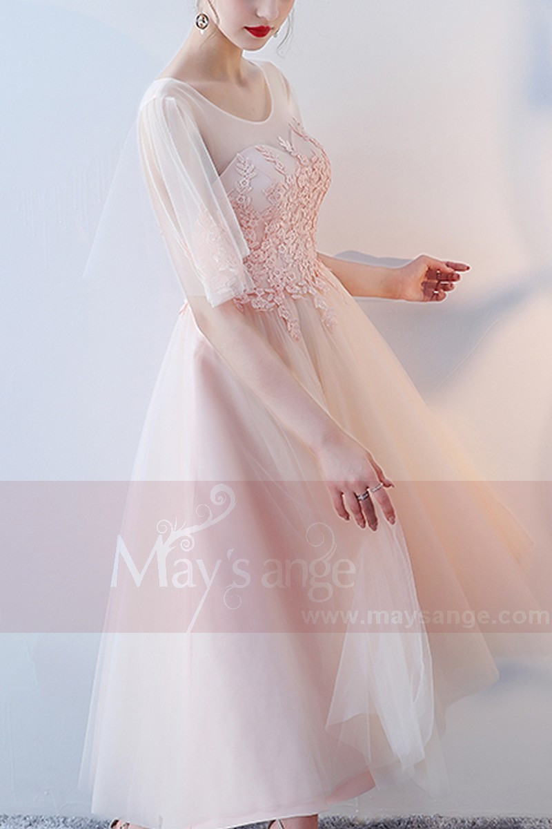 robe bal rose mi-longue romantique en dentelle avec manche - Ref C877 - 01 robe bal rose mi-longue romantique en dentelle avec manche - Ref C877 - 01