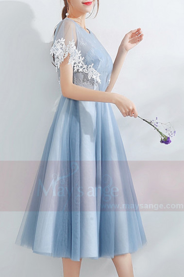 Tulle Blue Tea-Length Prom Dress - C878 #1