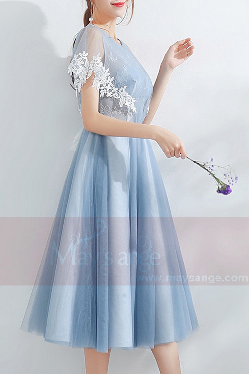 Tulle Blue Tea-Length Prom Dress - Ref C878 - 01