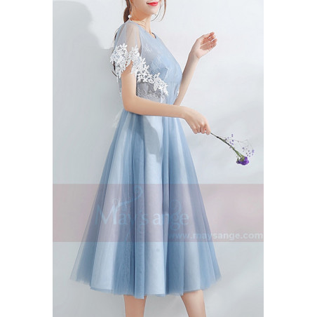 Tulle Blue Tea-Length Prom Dress