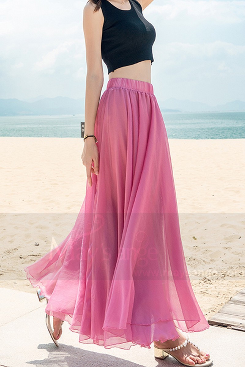 jupe droite rose fuchsia longue plage mousseline - Ref ju005 - Jupe femme  longue