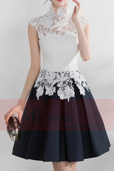 High Collar Short Black And White Cocktail Dress With Lace Bodice - C879 #1