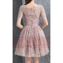 Pink Lace Party Dress With Short Sleeves - Ref C882 - 02