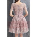 robe cocktail vieux rose manche courte dos ferme - Ref C882 - 02