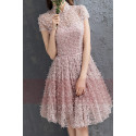 Short Sleeve Old Pink  Ball Gown Prom Dresses With High Neck - Ref C885 - 03