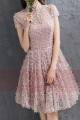 Short Sleeve Old Pink  Ball Gown Prom Dresses With High Neck - Ref C885 - 03