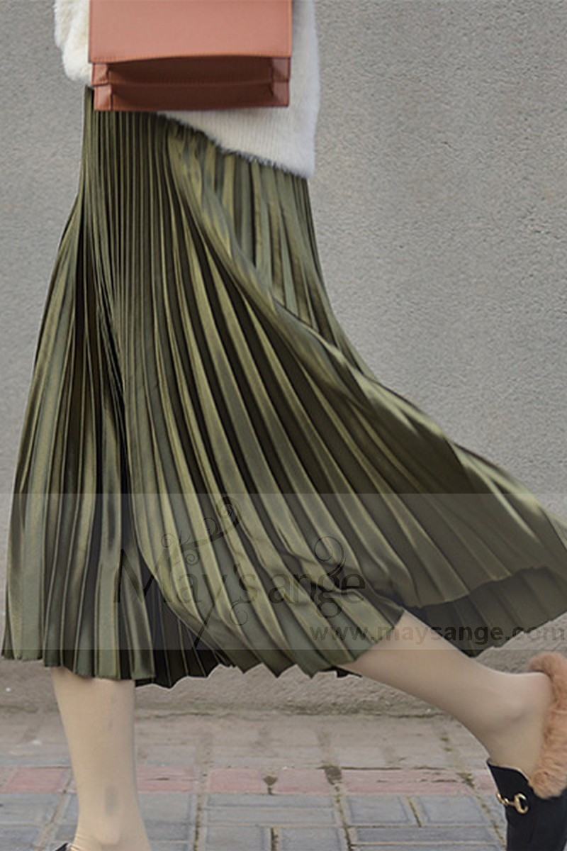jupe verte militaire plisse longue - Ref ju050 - Jupe femme longue
