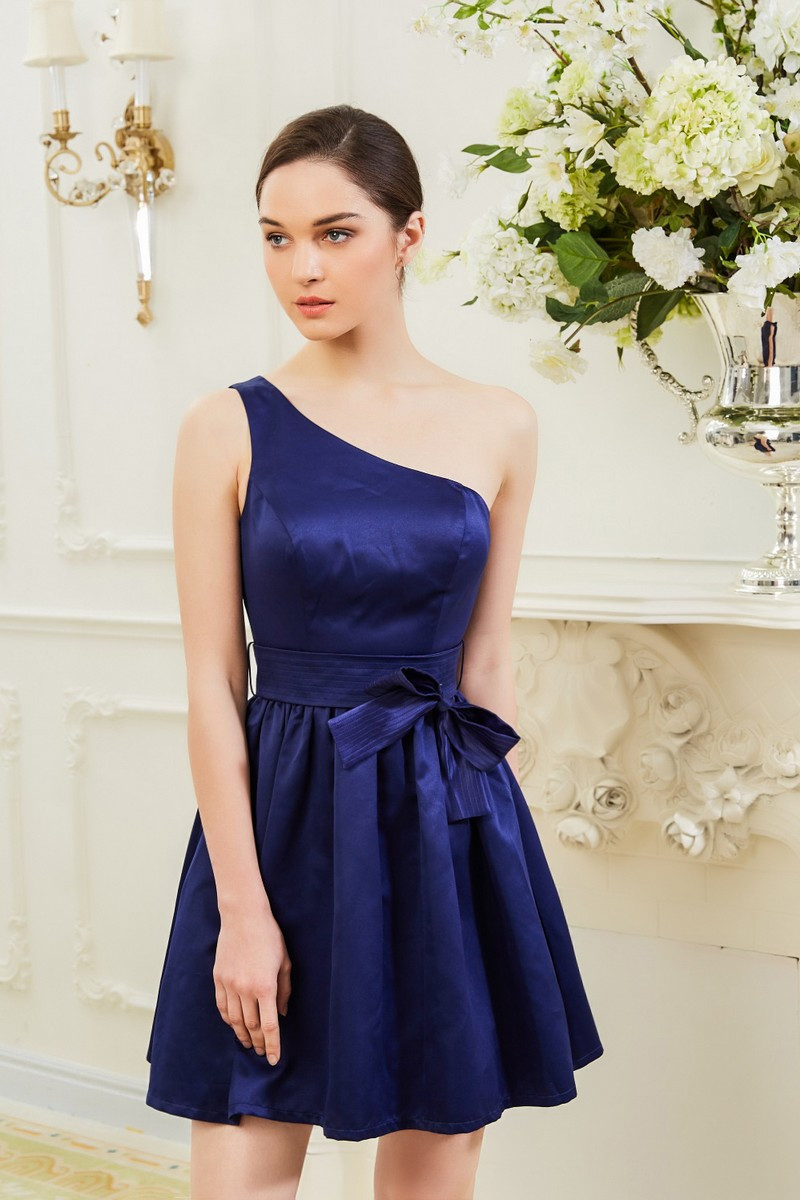 Navy Blue One Shoulder Cute summer outfits With Bow Tie - Ref C901 - 01