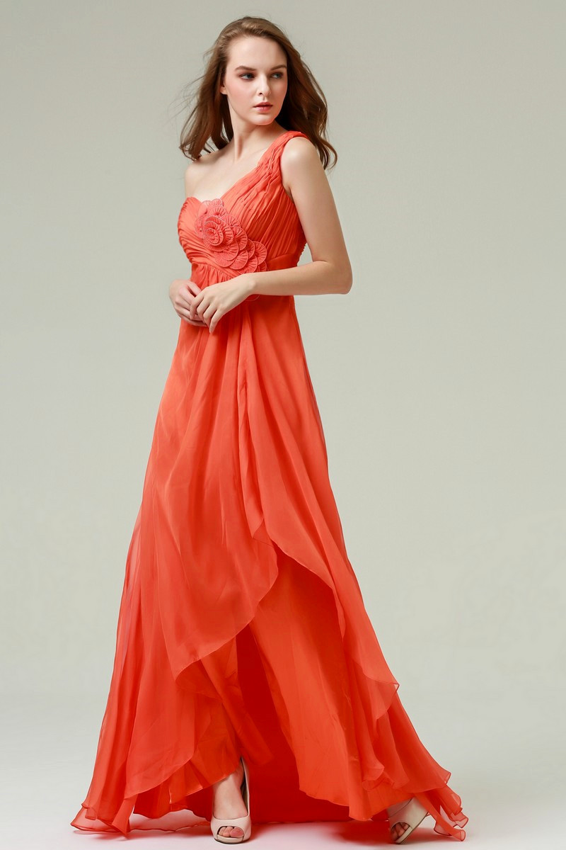 Sleeveless Orange Dress One Shoulder With Slit - Ref L173 - 01