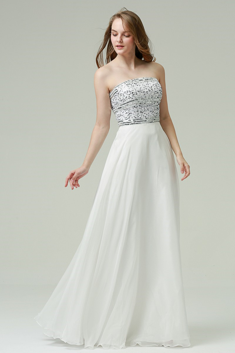 Strapless White Prom Dress With Glitter Bodice