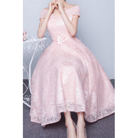 Long Pink Lace Prom Dress
