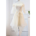 robe cocktail jaune avec manche mi long tulle - Ref C956 - 02