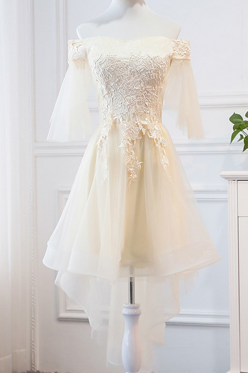 robe cocktail jaune avec manche mi long tulle - Ref C956 - 01