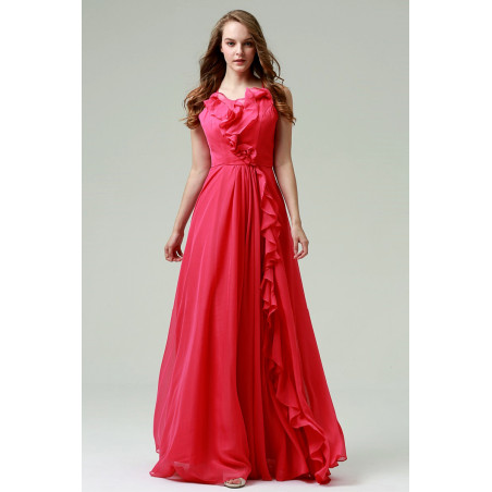 Robe de soir?�e longue fuchsia en mousseline fluide avec volants - Ref L900 - Robes de soir?�e