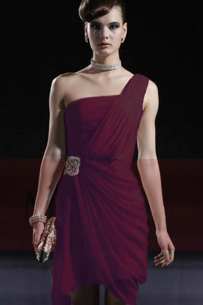 Semi-formal One Shoulder Cocktail Party Dress With Asymmetrical Hem - Ref C142 - 01